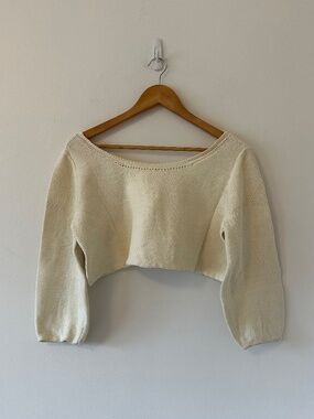 First Rite Cotton and Linen Crop Pullover Sweater in Natural | Size Small